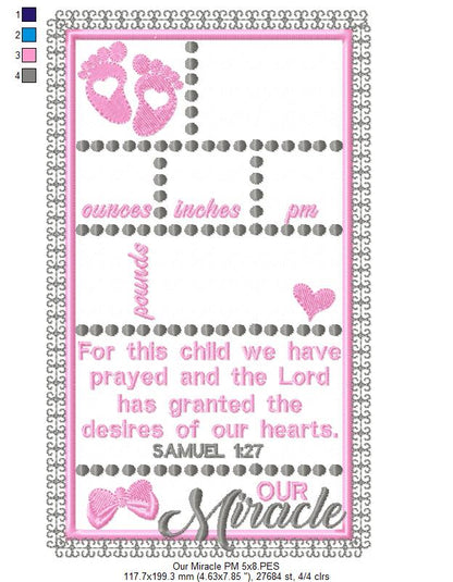 Baby Girl Our Miracle Birth Announcement Template - Applique