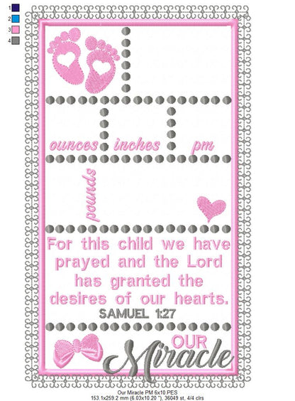 Baby Girl Our Miracle Birth Announcement Template - Applique