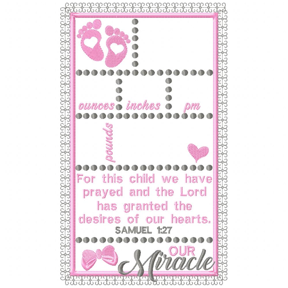 Baby Girl Our Miracle Birth Announcement Template - Applique