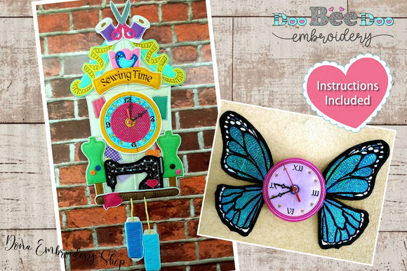 Sewing Time and Butterfly Clocks Set of 2 Designs- ITH Project - Machine Embroidery Design