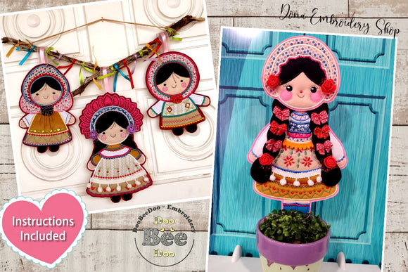 Folk Spring Dolls Ornaments Set of 2 Designs - ITH Project - Machine Embroidery Design