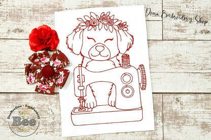 Dog in Sewing Machine - Redwork