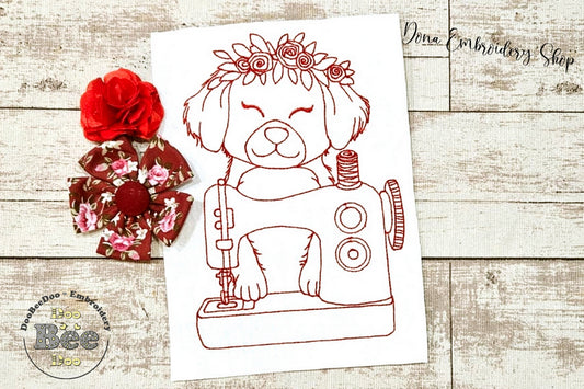 Dog in Sewing Machine - Redwork