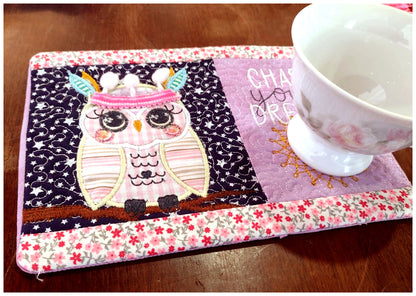 Boho Owl Mug Rug - ITH Project - Machine Embroidery Design