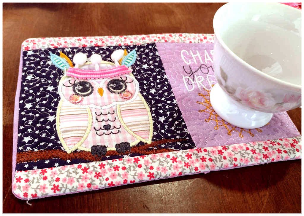 Boho Owl Mug Rug - ITH Project - Machine Embroidery Design