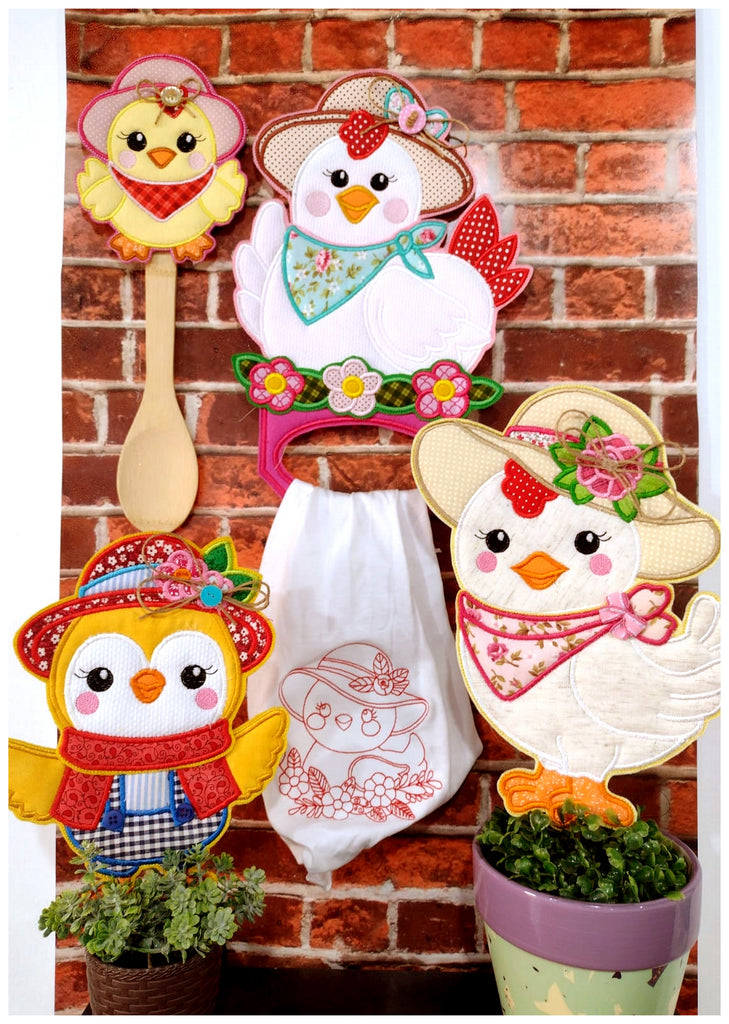 Chicken with hat Kitchen Ornaments Set - ITH Project - Machine Embroidery Design