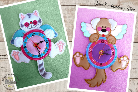 Dog and Cat Angel Clocks Set - ITH Project - Machine Embroidery Design