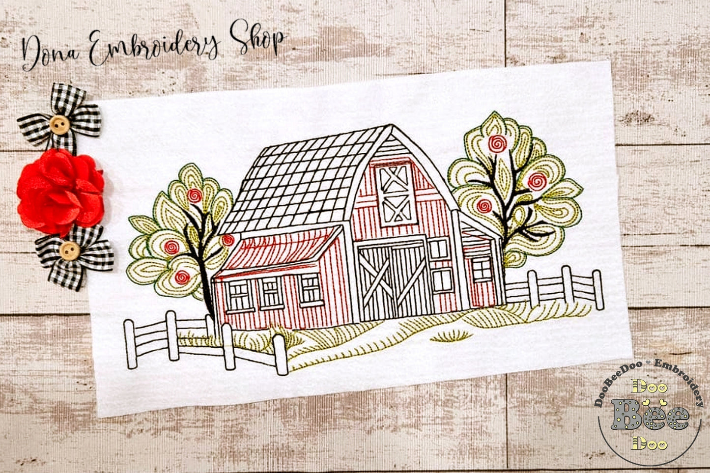 Barn with trees - Redwork - Machine Embroidery Design