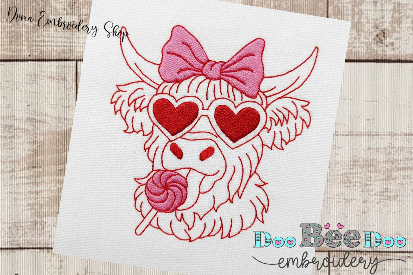 Love Hightland Cow - Redwork - Machine Embroidery Design