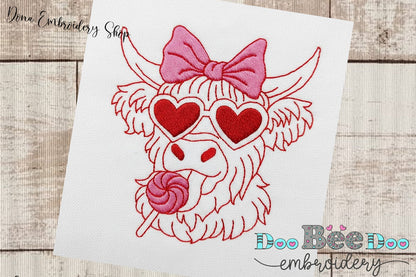 Love Hightland Cow - Redwork - Machine Embroidery Design
