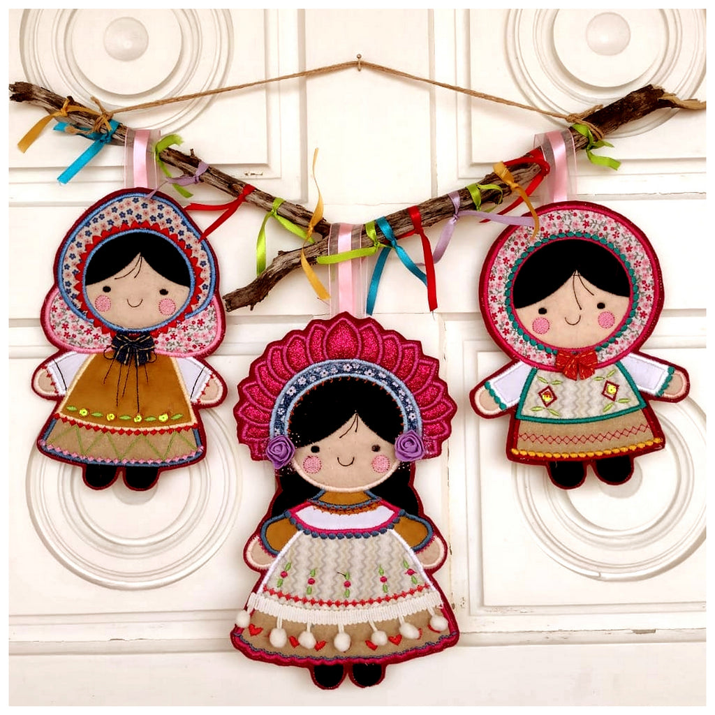Folk Spring Dolls Ornaments Set of 2 Designs - ITH Project - Machine Embroidery Design