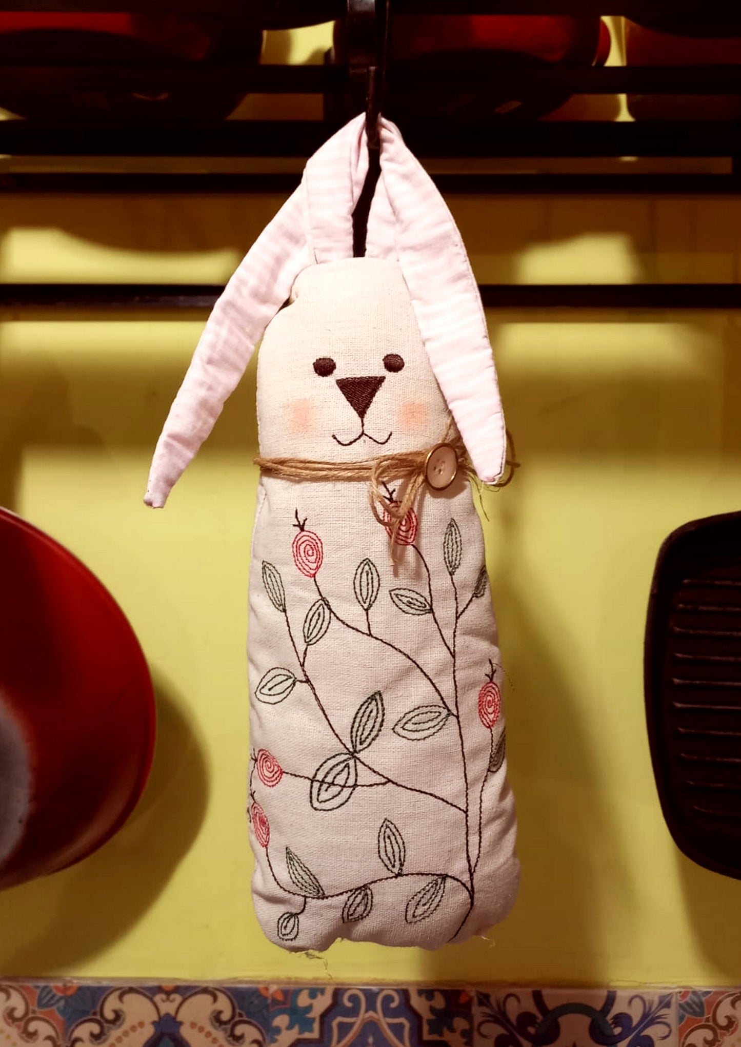 Boho Rose Hips Floral Bunny Door Hanger- ITH Project - Machine Embroidery Design