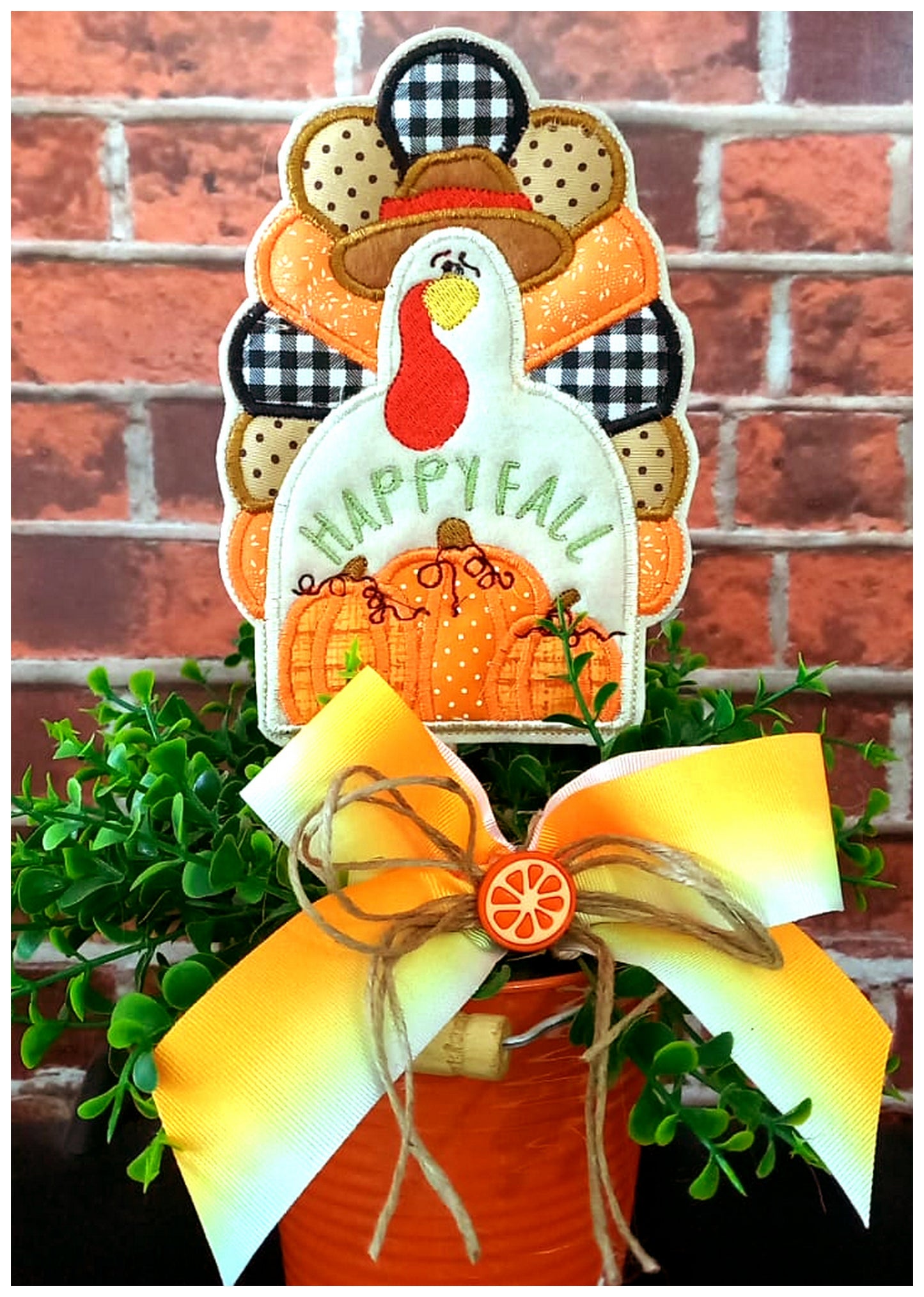 Happy Fall Turkey Vase Ornament - ITH Project - Machine Embroidery Design