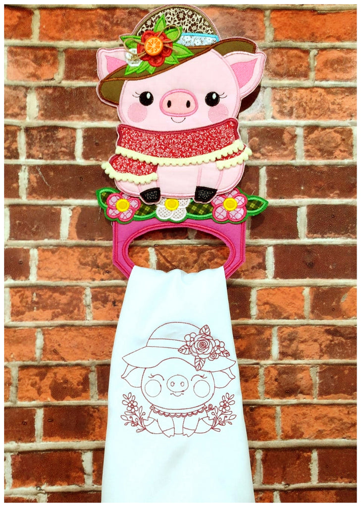 Cute Pig with hat Dish Cloth Hanger - ITH Project - Machine Embroidery Design