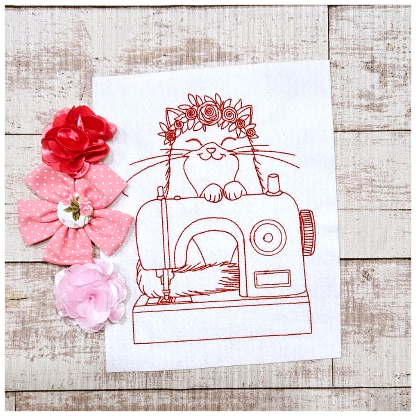 Cat in Sewing Machine - Redwork