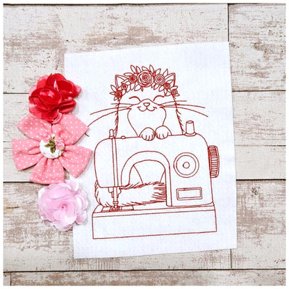 Cat in Sewing Machine - Redwork