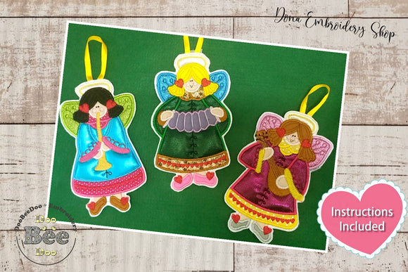 Musical Angels Tree Ornaments Set - ITH Project - Machine Embroidery Design