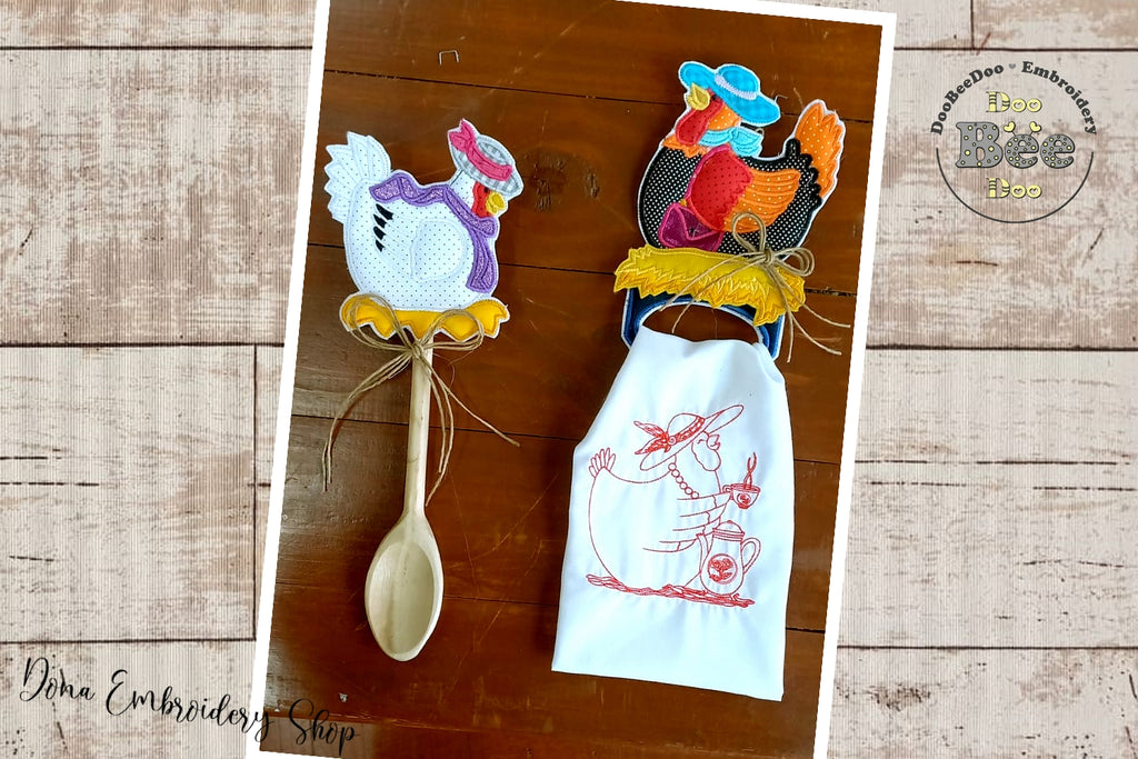 Lady Chicken Kitchen Ornaments Set - ITH Project - Machine Embroidery Design