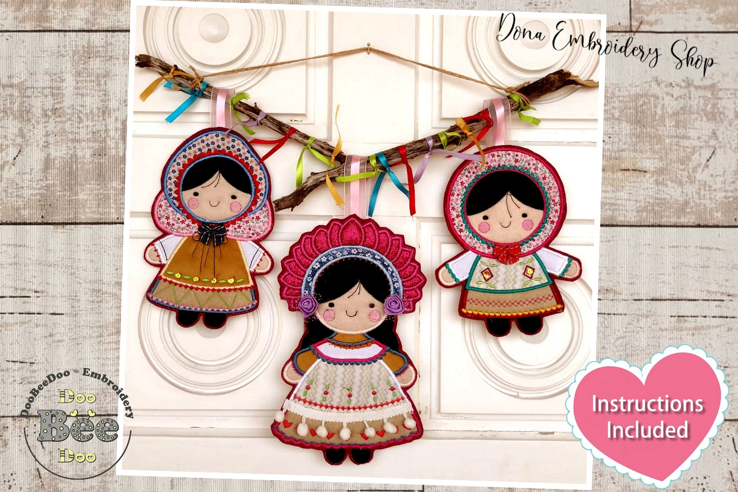 Folk Spring Dolls Ornament - ITH Project - Machine Embroidery Design