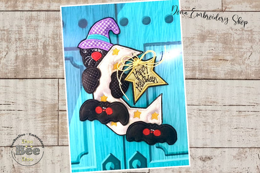 Moon Black Cat Door Ornament - ITH Project - Machine Embroidery Design