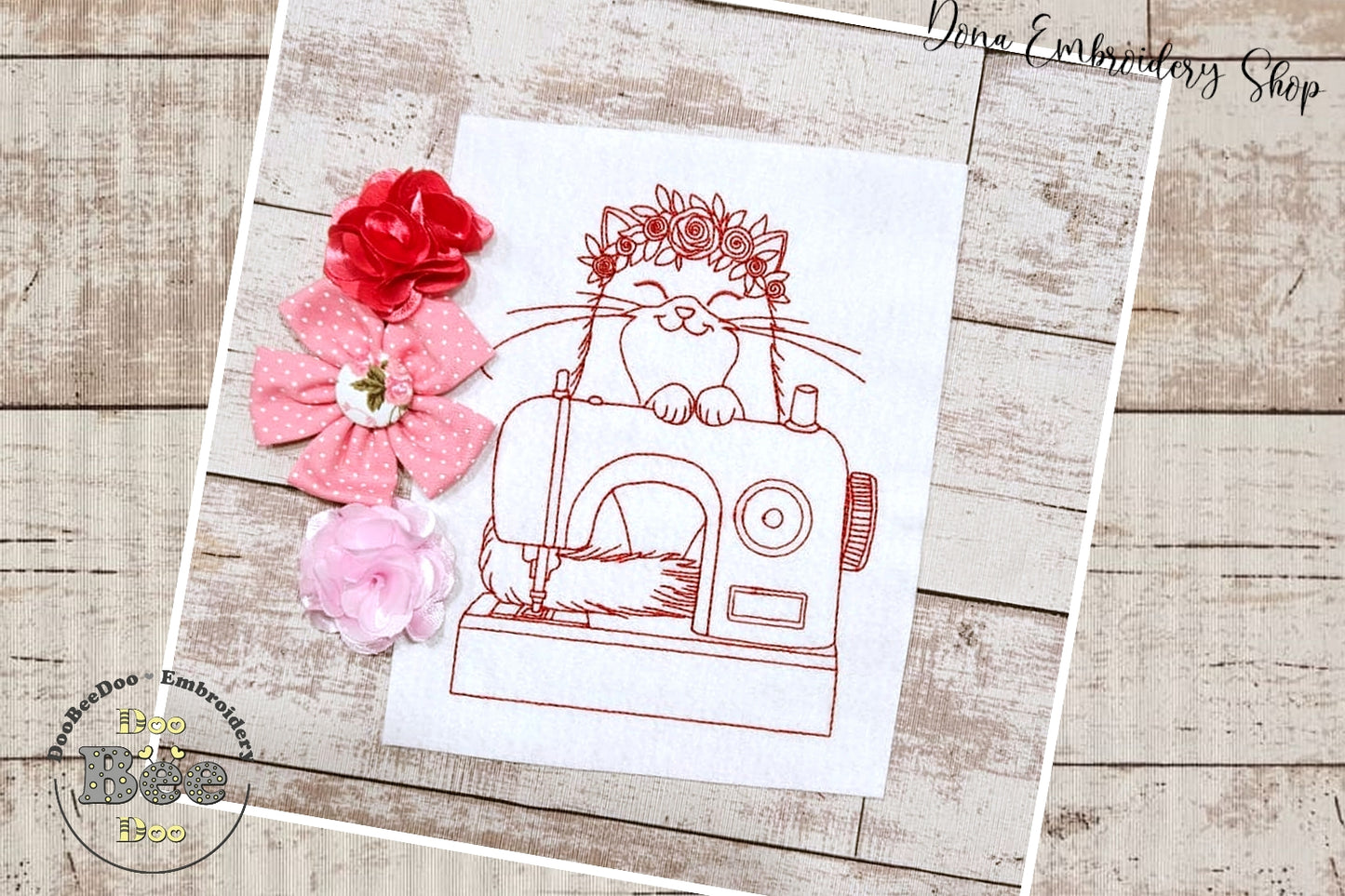 Cat in Sewing Machine - Redwork