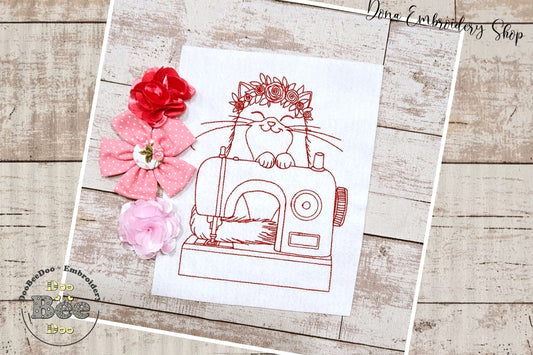 Cat in Sewing Machine - Redwork