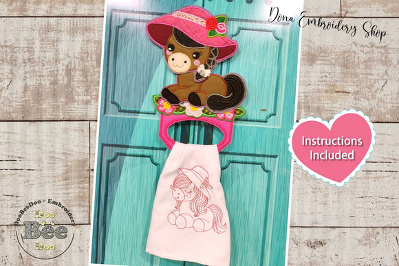 Cute Horse with hat Dish Cloth Hanger - ITH Project - Machine Embroidery Design