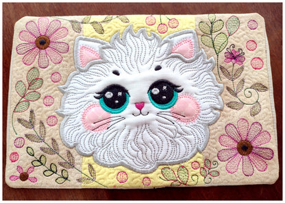 Floral Cat Mug Rug - ITH Project - Machine Embroidery Design