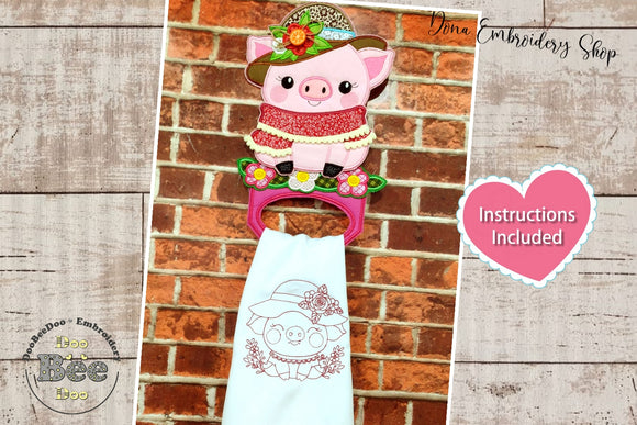 Cute Pig with hat Dish Cloth Hanger - ITH Project - Machine Embroidery Design