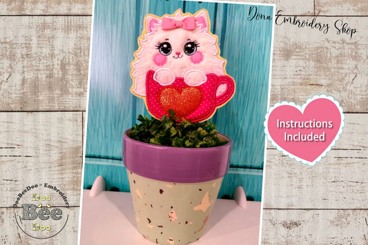 Cat in the cup Vase Ornament - ITH Project - Machine Embroidery Design