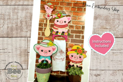 Pigs with hat Kitchen Ornaments Set - ITH Project - Machine Embroidery Design