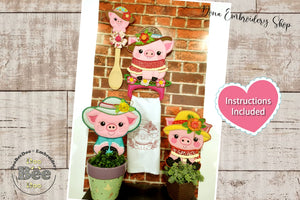 Pigs with hat Kitchen Ornaments Set - ITH Project - Machine Embroidery Design