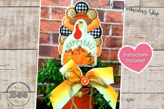 Happy Fall Turkey Vase Ornament - ITH Project - Machine Embroidery Design