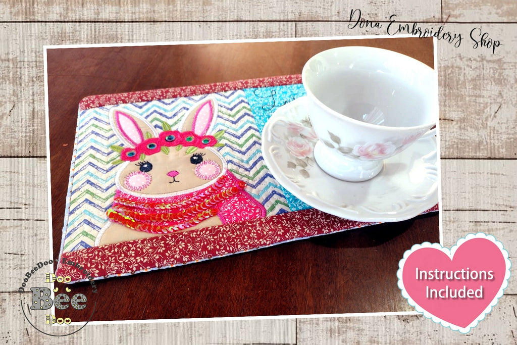 Boho Bunny Mug Rug - ITH Project - Machine Embroidery Design