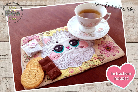 Floral Cat Mug Rug - ITH Project - Machine Embroidery Design