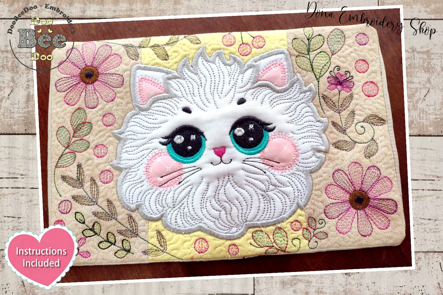 Floral Cat Mug Rug - ITH Project - Machine Embroidery Design