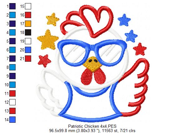🇺🇸 Sassy July 4th Chicken 🐔 – Applique – Machine Embroidery Design