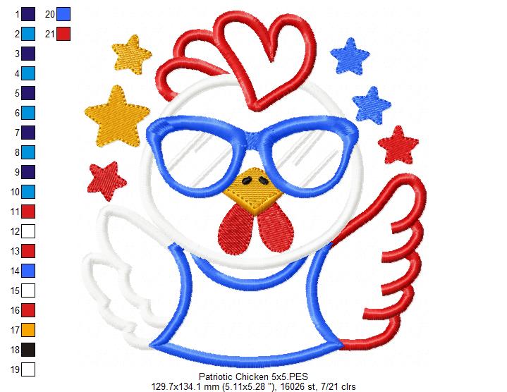 🇺🇸 Sassy July 4th Chicken 🐔 – Applique – Machine Embroidery Design