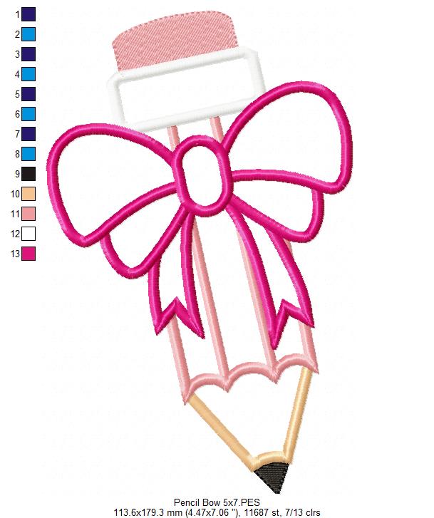 Pencil with Big Bow - Applique Embroidery