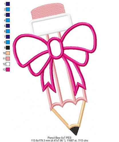 Pencil with Big Bow - Applique Embroidery