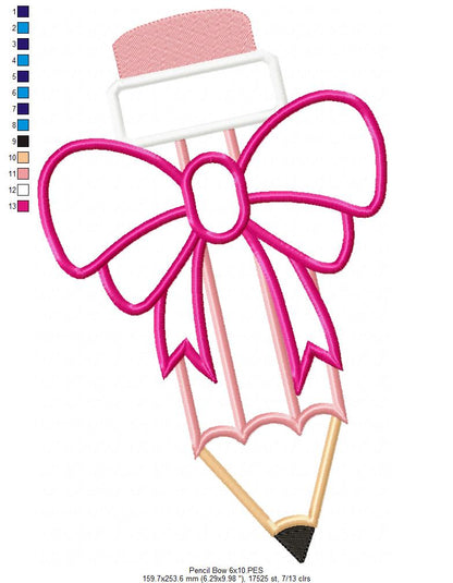Pencil with Big Bow - Applique Embroidery