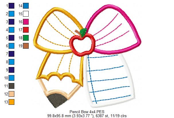 School Pencil Coquette Bow - Applique - Machine Embroidery Design