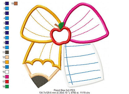 School Pencil Coquette Bow - Applique - Machine Embroidery Design