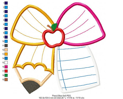 School Pencil Coquette Bow - Applique - Machine Embroidery Design