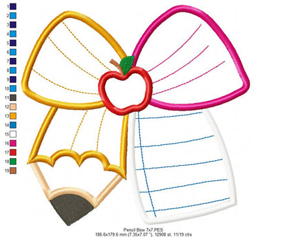 School Pencil Coquette Bow - Applique - Machine Embroidery Design