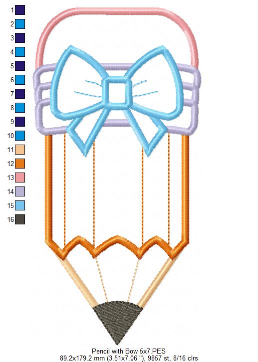 Pencil with Bow - Applique - Machine Embroidery Design