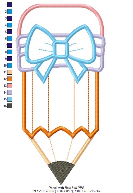 Pencil with Bow - Applique - Machine Embroidery Design