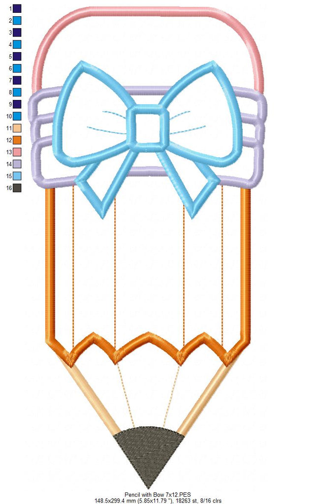Pencil with Bow - Applique - Machine Embroidery Design