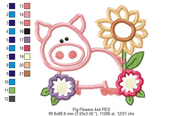 Farm Pig and Flowers - Applique