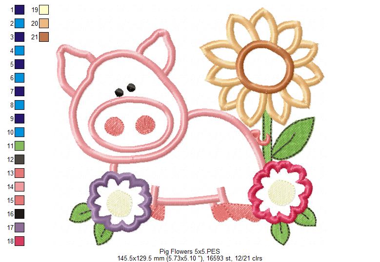 Farm Pig and Flowers - Applique